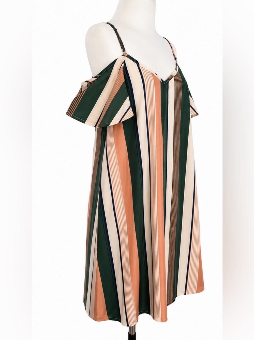 Cold Shoulder Romantic Striped Preppy Tunic Mini Dress Coastal Resort Cover Up M - Picture 3 of 12